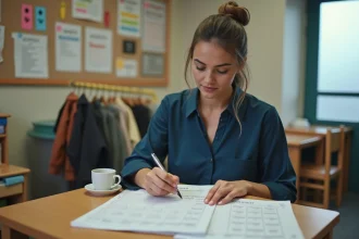 Éducatrice de crèche consultant un calendrier pour planifier son congé trimestriel