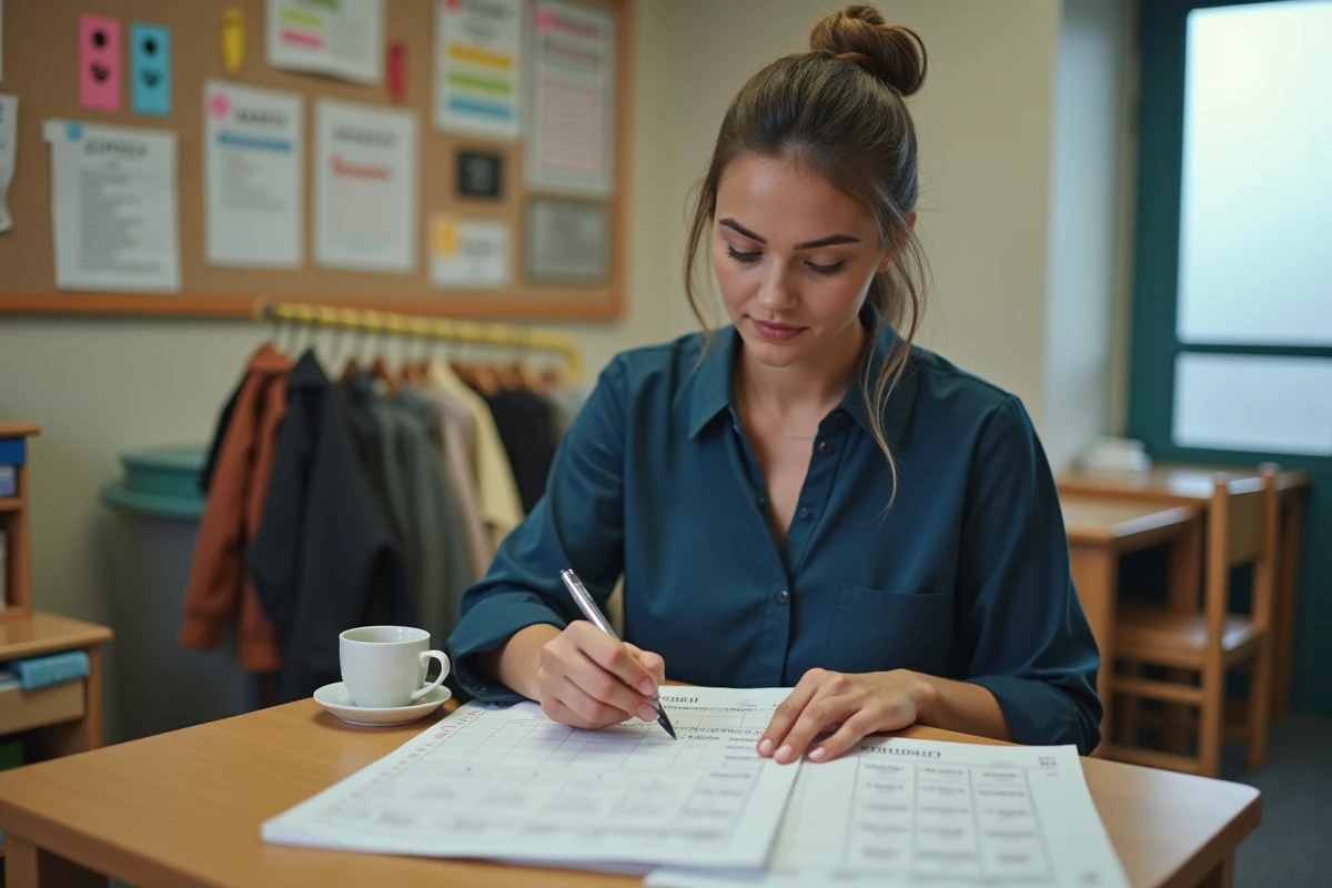 Éducatrice de crèche consultant un calendrier pour planifier son congé trimestriel