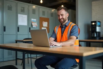 Employé Loxam en gilet haute visibilité créant son compte Celoxam sur un ordinateur portable dans une salle de pause industrielle
