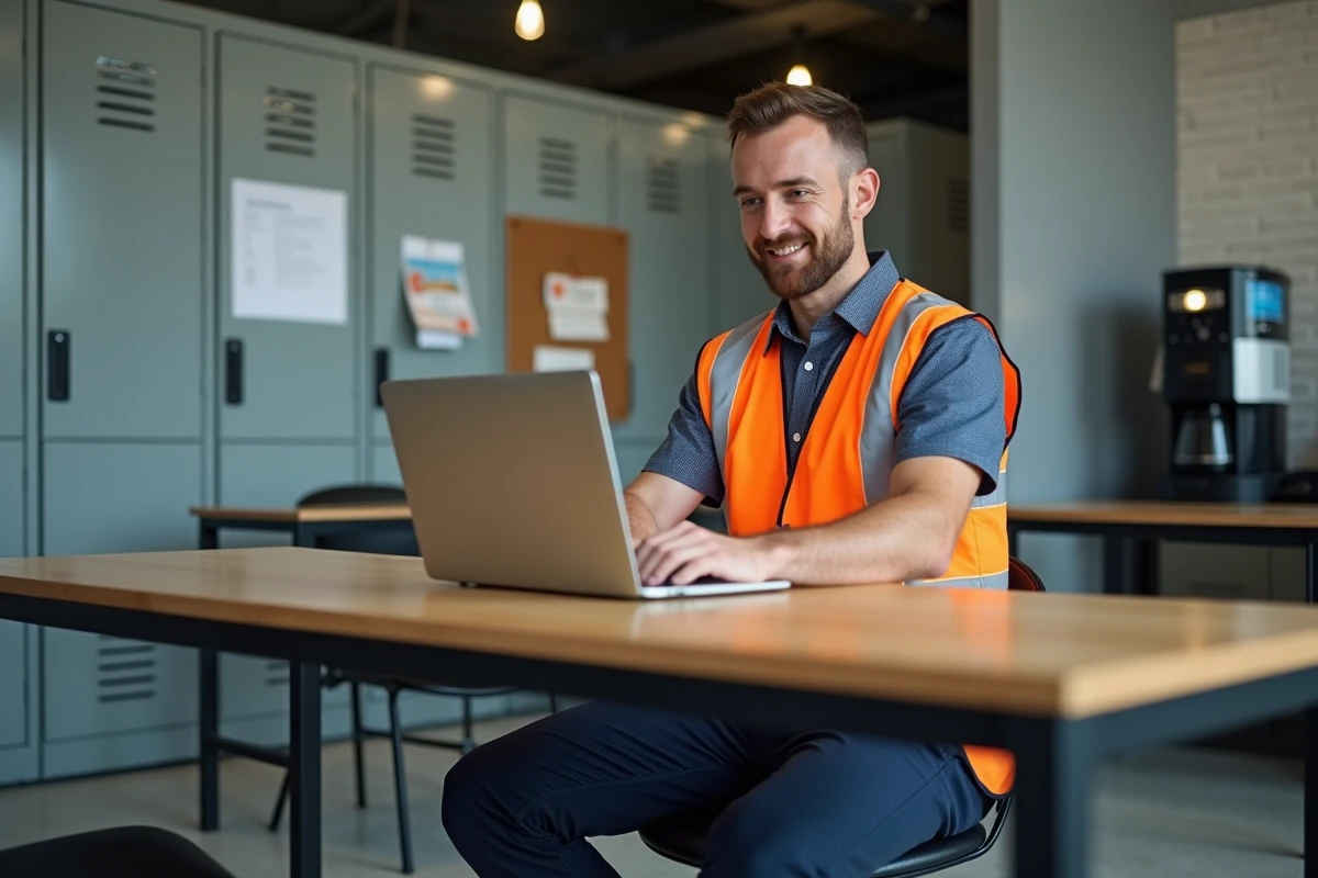 Employé Loxam en gilet haute visibilité créant son compte Celoxam sur un ordinateur portable dans une salle de pause industrielle