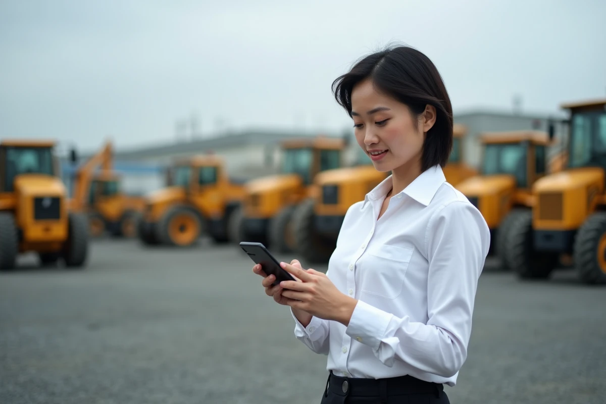 Employée Loxam utilisant son smartphone pour s'inscrire sur le portail Celoxam dans un parc de matériels de location