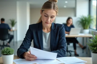 Employée du comité d'entreprise GMF consultant des documents RH dans un bureau moderne