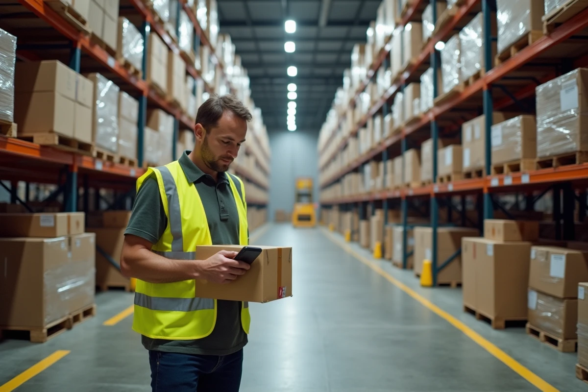 Employé d'entrepôt de distribution e-commerce scannant un colis dans un centre logistique moderne avec des rayonnages de stockage