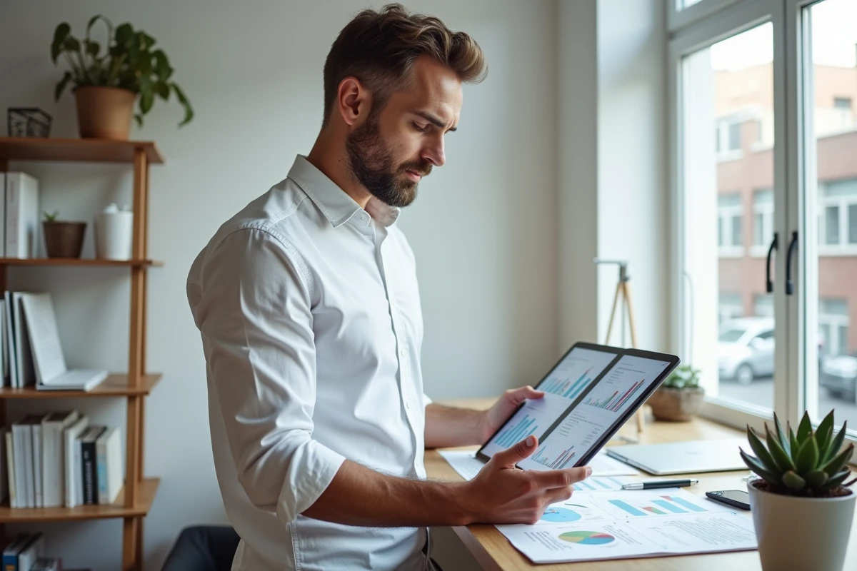 Entrepreneur masculin analysant des données de création d'entreprise avec des graphiques imprimés et une tablette dans un bureau à domicile