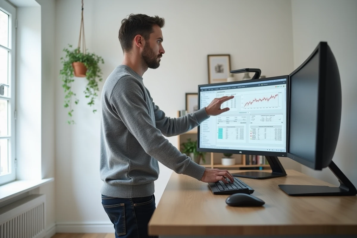 Entrepreneur indépendant testant Fouineteau 5P sur un grand écran dans un bureau minimaliste à domicile