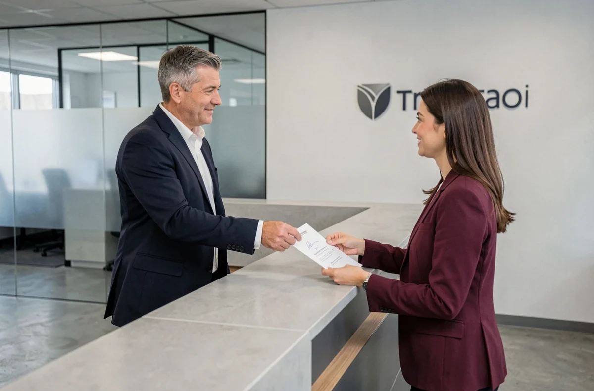 Entrepreneur remettant des documents à une société de domiciliation dans un centre d'affaires professionnel