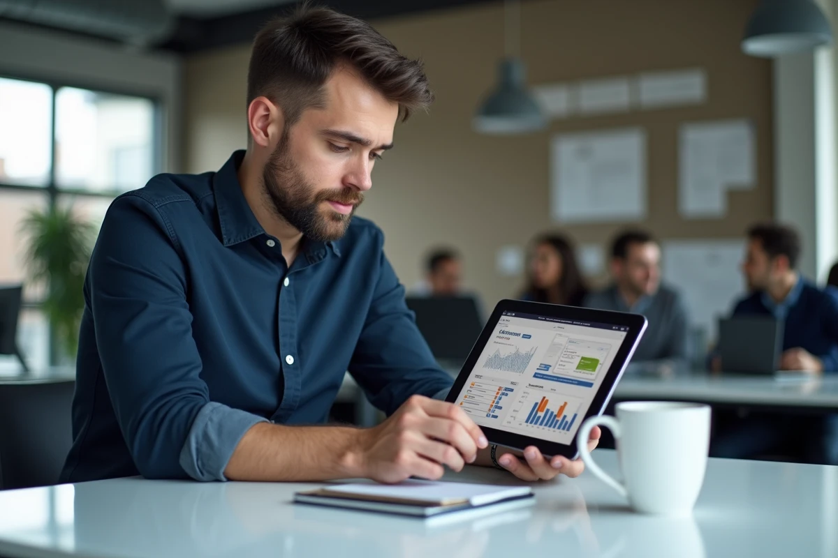 Entrepreneur en freelance comparant les revenus de différentes plateformes de contenu numérique sur tablette