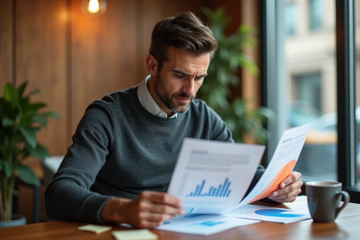 Entrepreneur comparant deux rapports de stratégie concurrentielle de domaine sur un bureau en bois dans un bureau indépendant