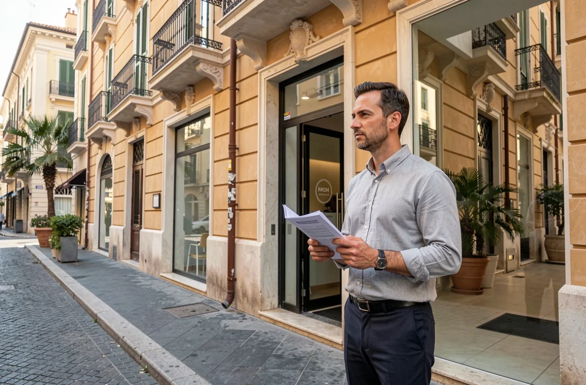 Entrepreneur debout devant un espace de coworking à Nice tenant des documents pour domicilier son entreprise