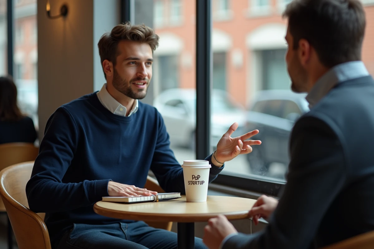 Jeune entrepreneur en réunion informelle dans un café urbain discutant d'un projet de création de startup