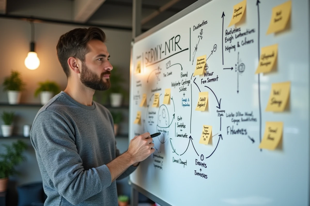Entrepreneur masculin devant un tableau blanc avec une structure d'offre commerciale claire et organisée