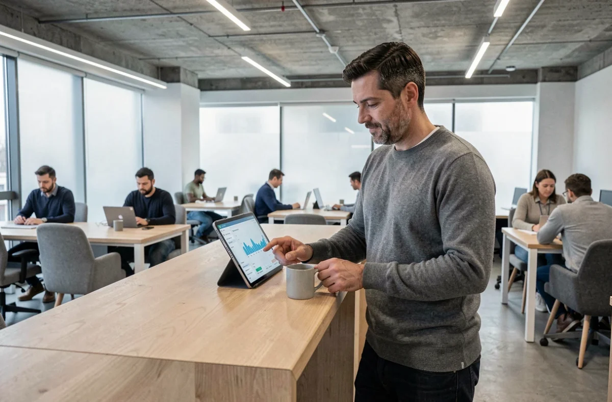 Entrepreneur consultant une plateforme d'informations juridiques sur tablette dans un espace de coworking ouvert