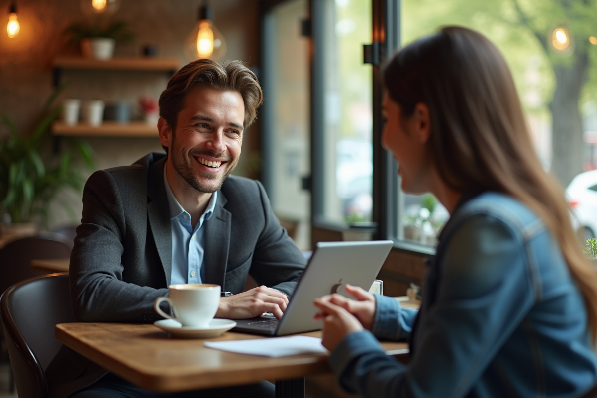Entrepreneur souriant discutant avec client au café