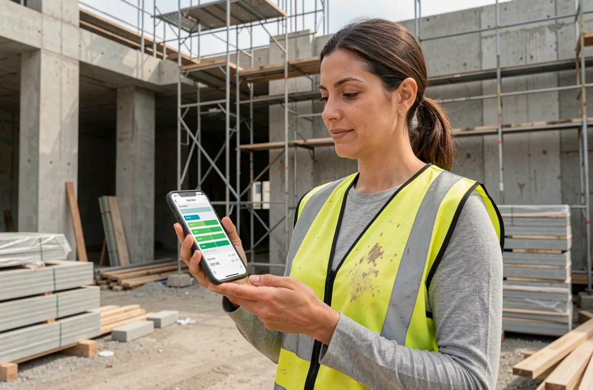 Entrepreneuse sur chantier consultant le suivi de commandes sur smartphone avec application de gestion