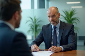 Salarié en costume lors d'un entretien préalable au licenciement pour faute grave dans une salle de réunion d'entreprise