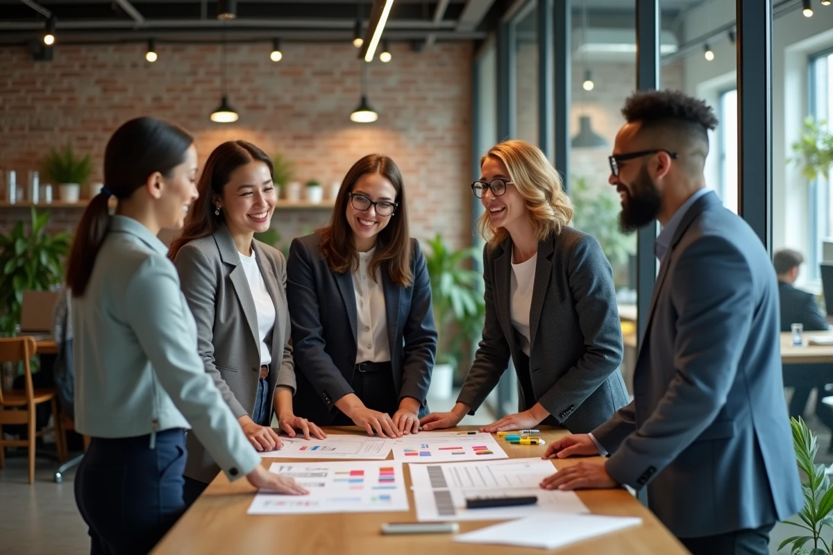 &Eacute;quipe d'auditeurs Big 4 en r&eacute;union de travail collaboratif dans un espace de bureau moderne