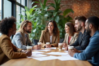 Groupe de professionnels en réunion dans un bureau écologique