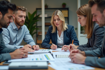 Groupe de professionnels en r&eacute;union dans un bureau moderne