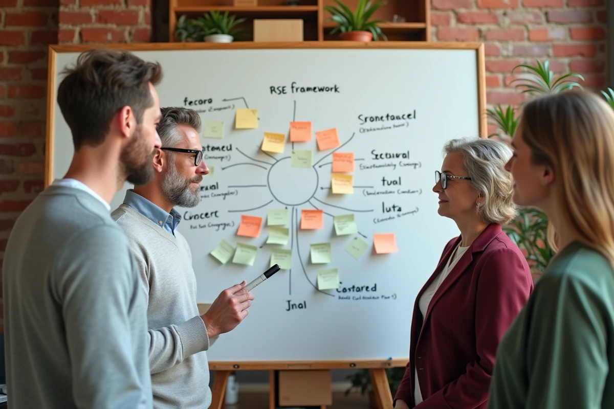 Équipe pluridisciplinaire construisant un cadre d'analyse RSE sur un tableau blanc dans un bureau collaboratif