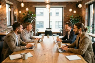 Équipe professionnelle en session de travail collaboratif dans un espace de coworking moderne avec mobilier en bois et grandes fenêtres