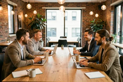 Équipe professionnelle en session de travail collaboratif dans un espace de coworking moderne avec mobilier en bois et grandes fenêtres