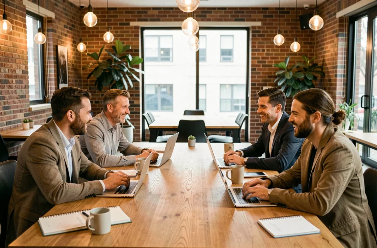Équipe professionnelle en session de travail collaboratif dans un espace de coworking moderne avec mobilier en bois et grandes fenêtres