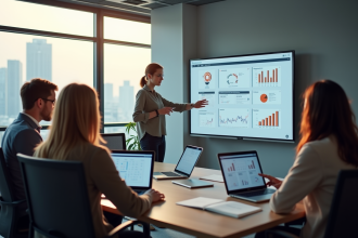 Equipe créative collaborant dans un bureau moderne pour le marketing