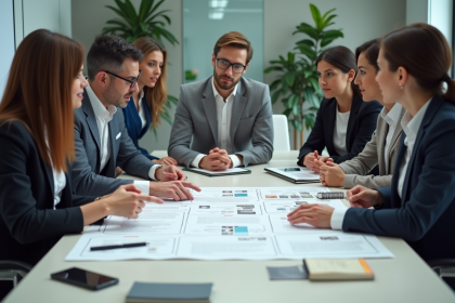 Groupe de professionnels discutant autour d'une table avec un diagramme des sept outils de qualit&eacute;