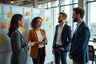 Equipe diversifiee en discussion dans un bureau moderne