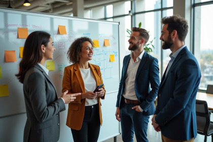 Equipe diversifiee en discussion dans un bureau moderne