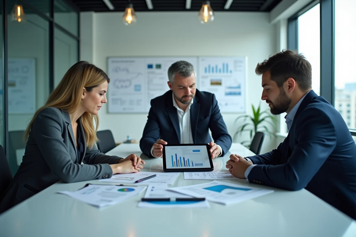 Équipe PME en réunion évaluant un logiciel d'analyse comme Fouineteau 5P