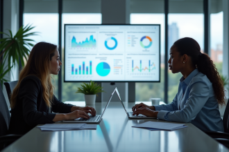 Groupe de professionnels analysant un tableau de bord CRM en réunion