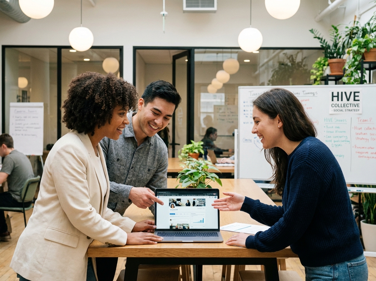 Équipe de recruteurs collaborant autour d'un ordinateur portable pour analyser des candidats sur les réseaux sociaux dans un espace de coworking