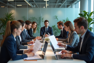 Groupe de professionnels en réunion d'affaires en bureau moderne