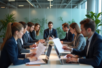 Groupe de professionnels en r&eacute;union d'affaires en bureau moderne