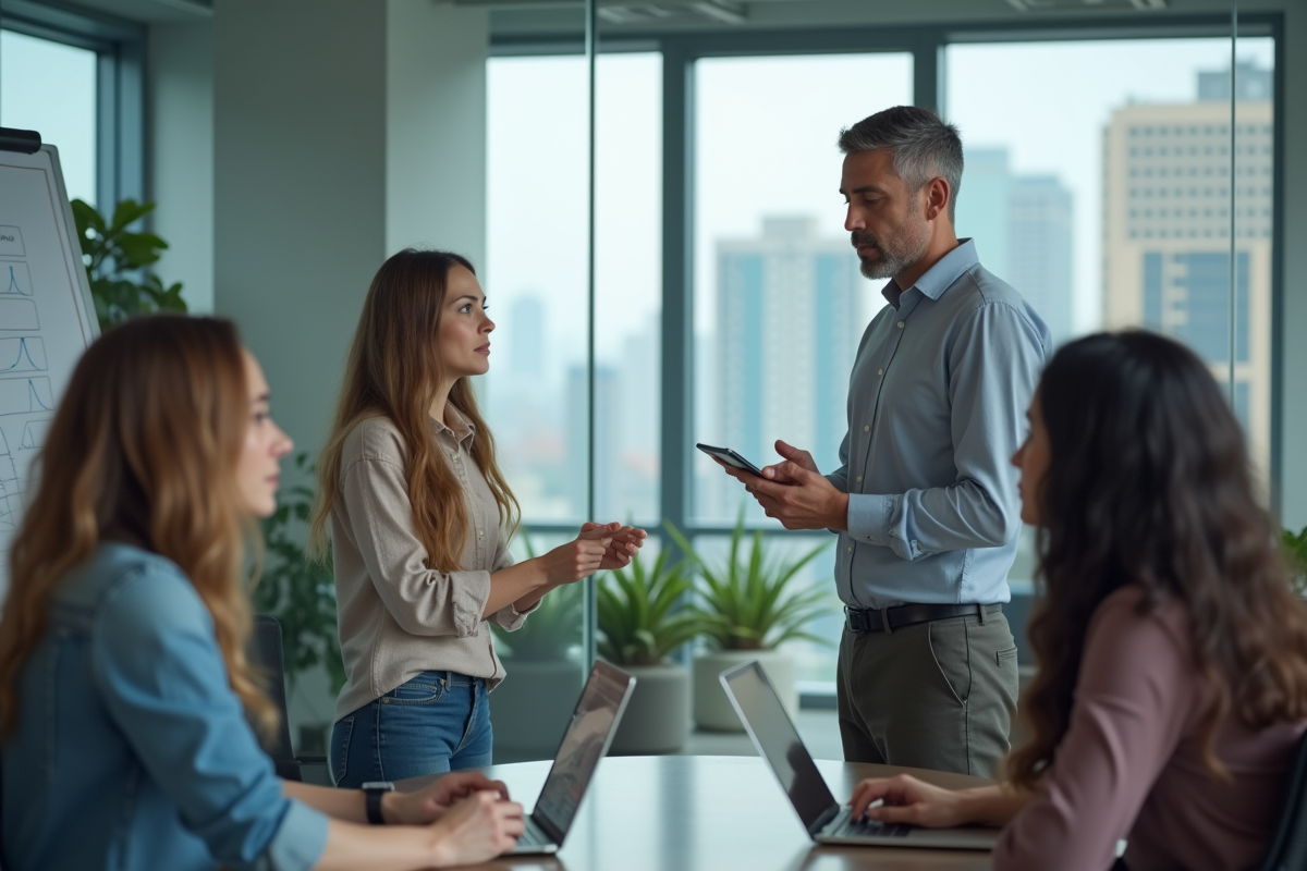Equipe diverse en réunion dans une salle vitrée moderne