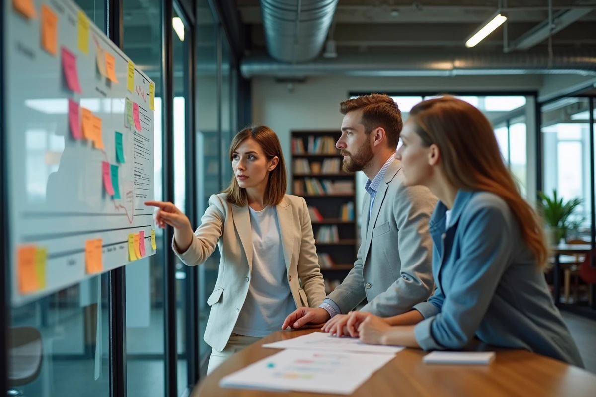 Équipe de jeunes entrepreneurs analysant une feuille de route de création d'entreprise sur un mur en verre dans un incubateur de startups