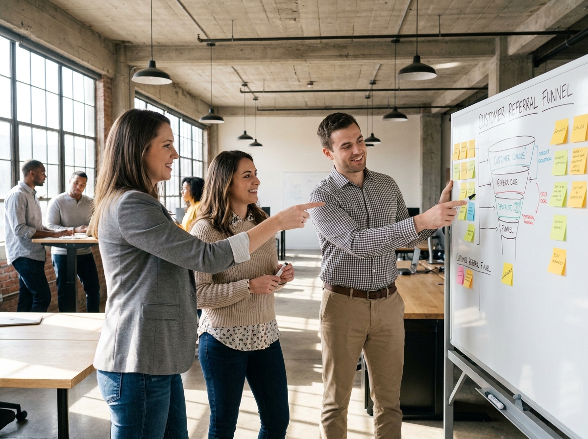Équipe startup collaborant autour d'un tableau blanc pour concevoir un programme de parrainage et optimiser l'acquisition client