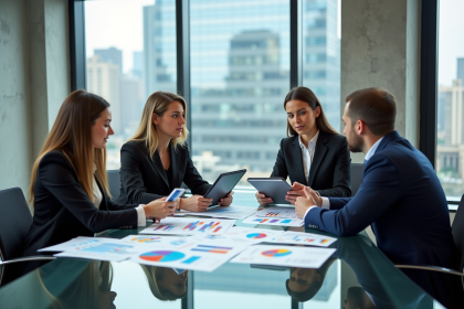 Quatre professionnels en réunion autour d'une table moderne