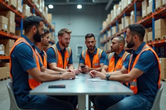 Groupe de salariés logistique en discussion dans un entrepôt moderne