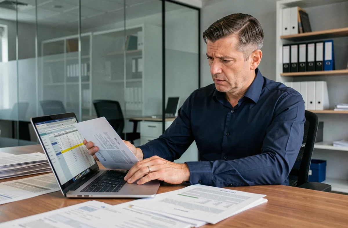 Responsable RH examinant une erreur de code catégorie socioprofessionnelle sur un document de paie dans un bureau d'entreprise