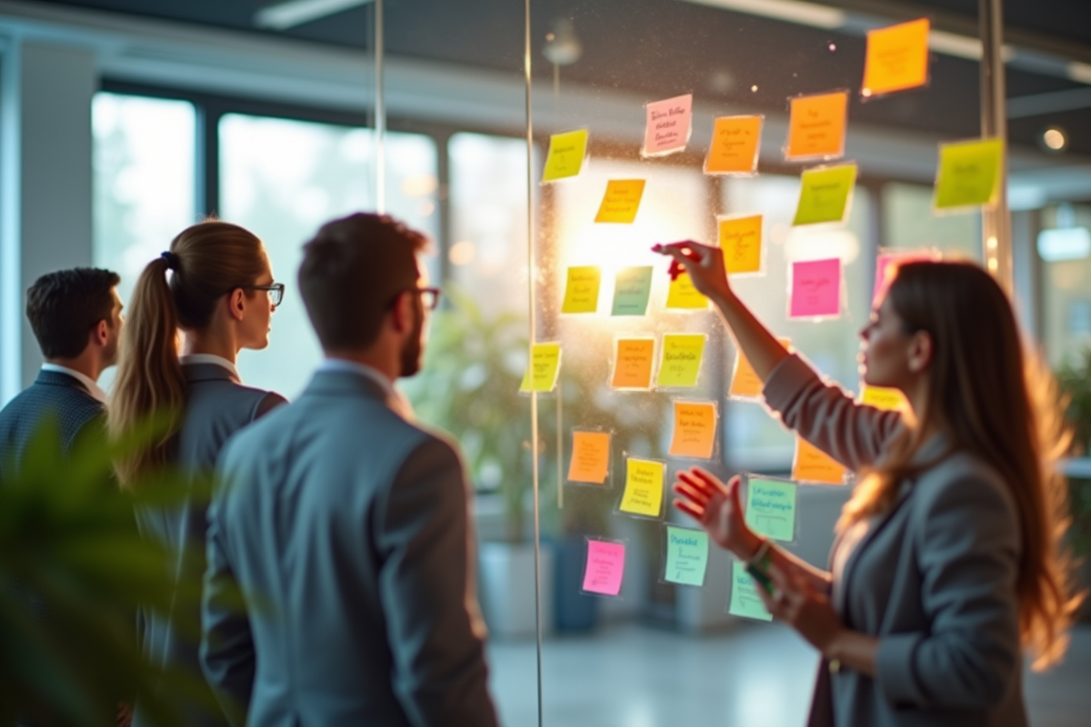 Groupe de professionnels brainstormant avec notes colorées