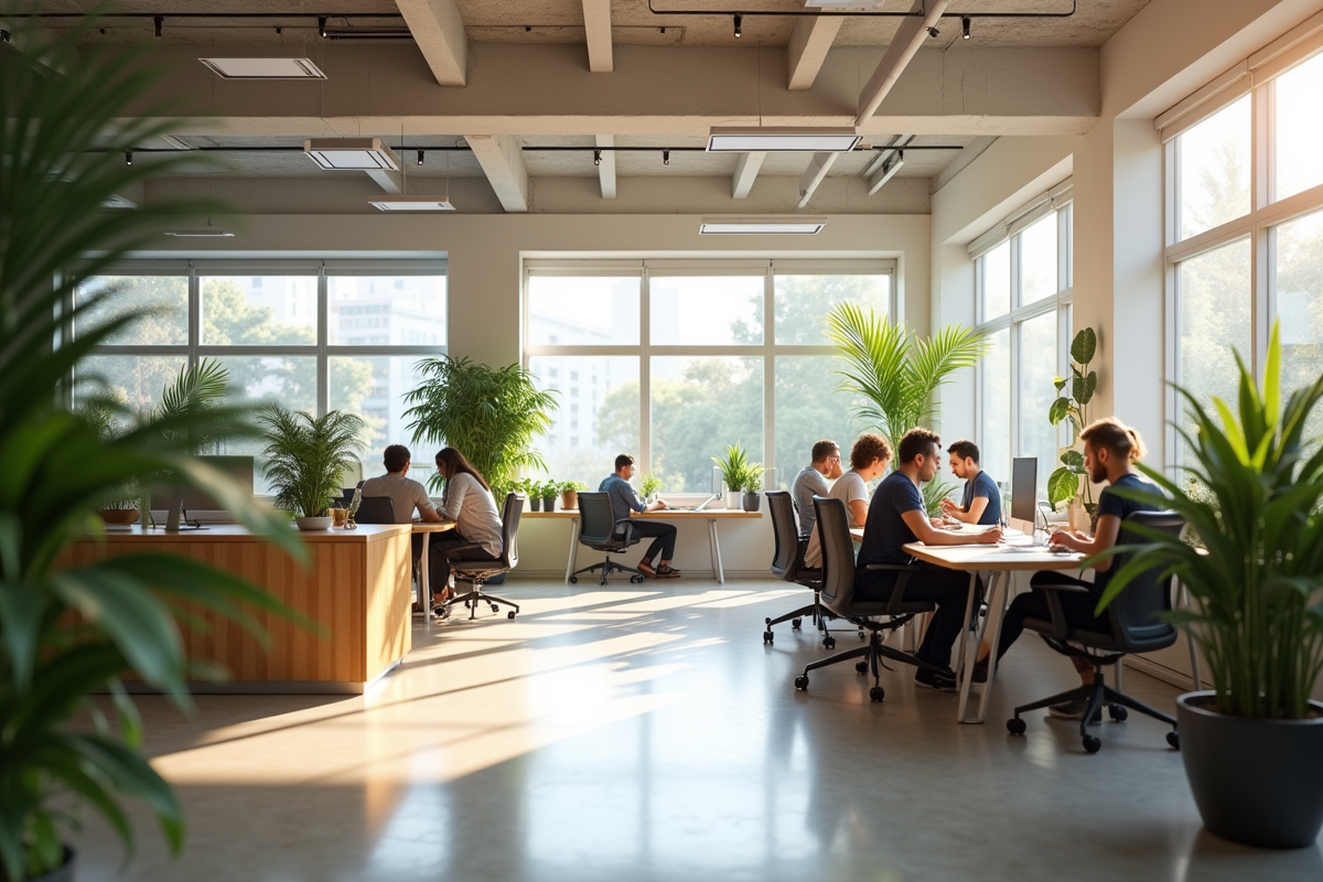 Espace coworking moderne lumineux avec des bureaux partages