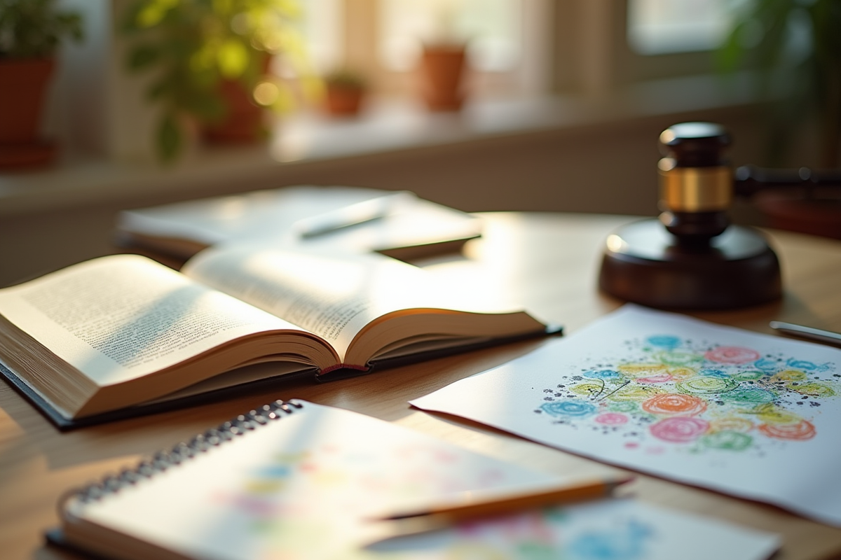 Table de travail avec livre de droit et croquis colorés