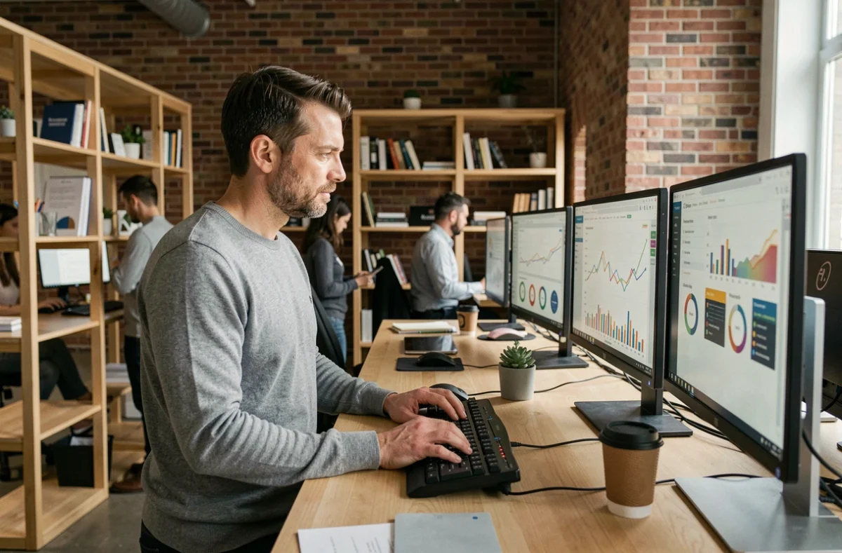 Expert en analyse de données travaillant sur plusieurs écrans dans un espace de coworking moderne, symbolisant l'expertise numérique