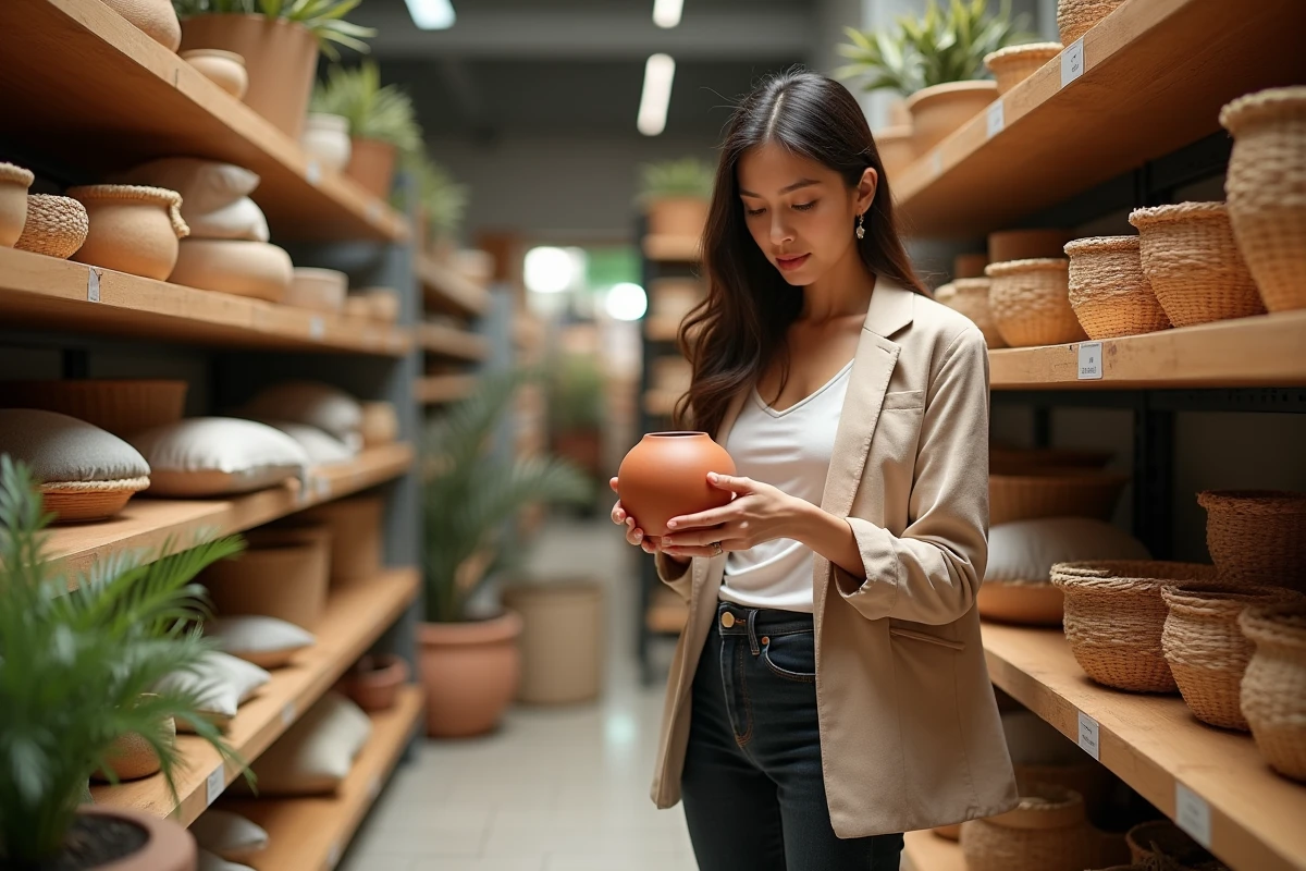 Femme en train de choisir un article de décoration dans un magasin alternatif à GiFi, tenant un pot en terre cuite devant des rayons bien fournis en accessoires de maison