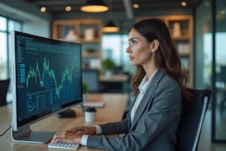 Femme d'affaires analysant des graphiques numériques dans un bureau moderne