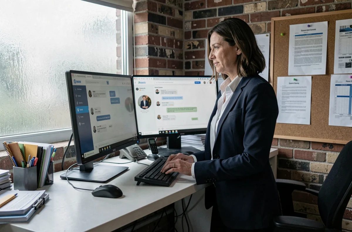 Femme d'affaires en blazer navy utilisant un ordinateur de bureau pour joindre le support client Elevetonbiz par chat ou email