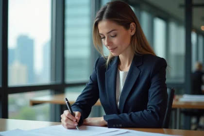 Femme d'affaires en costume bleu dans un bureau moderne