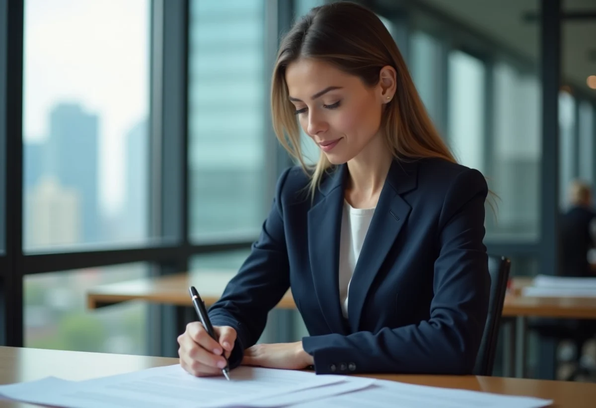 Femme d'affaires en costume bleu dans un bureau moderne